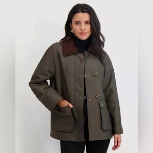 Tahari Taylor barn jacket green cotton-blend corduroy collar gold toggles Medium